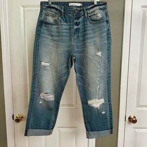 Hidden High-Waisted Straight Leg Jeans, Medium Blue Distressed, Size 30